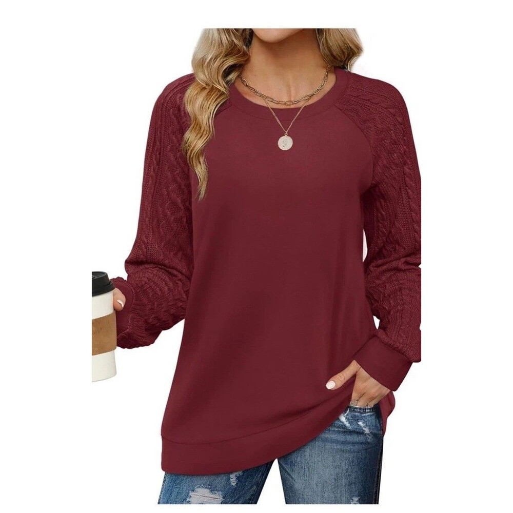 Boho Classic Comfy Sweatshirts  Crewneck Cable Knit Sleeve Sweater XLarge Maroon